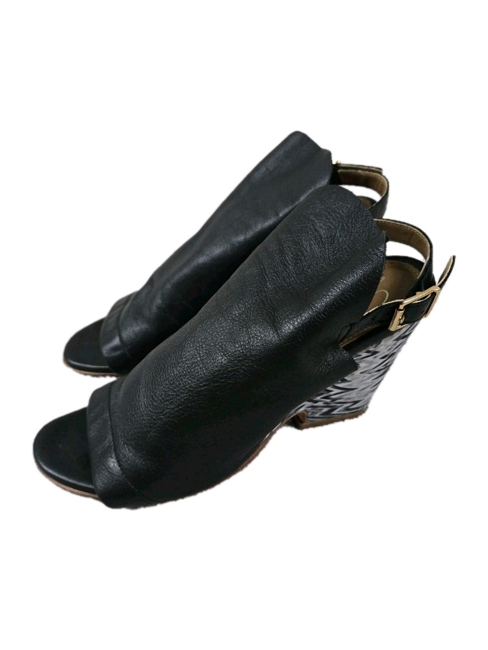 Luisa D'orio Frieda Open Toe Wedge Heels Size 7 Soft Black Leather Geometric
